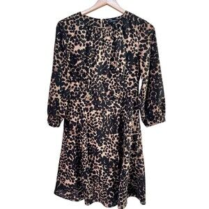 Banana Republic Dress Sz 8 Leopard Animal Print 3/4 Sleeve Gold Button Chiffon